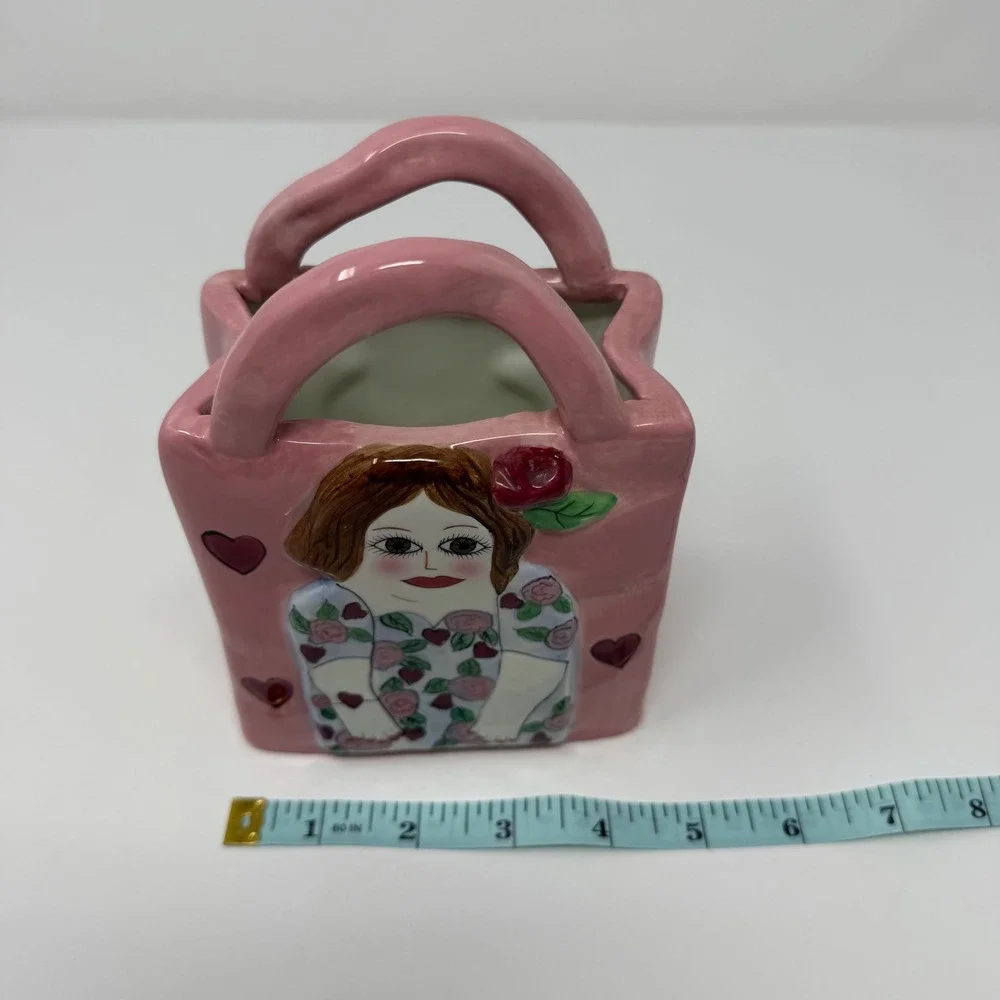 Vintage Bella Casa Pamela Purse Vase‎ Susan Paley Ganz Pink Heart Girl Plantar